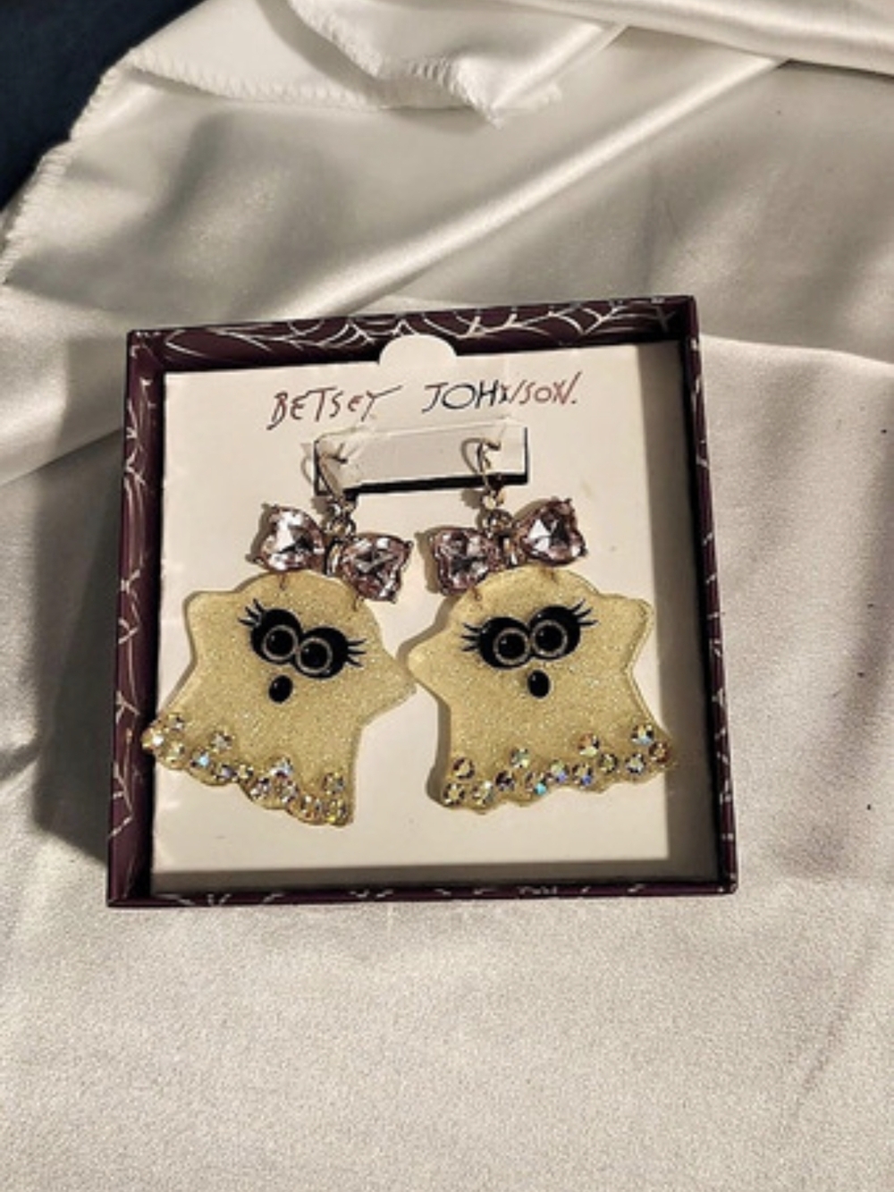 Betsey Johnson Halloween Ghost Earrings with Pink Rhinestone Bow